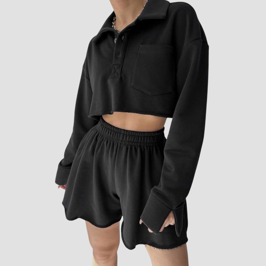 Wholesale Women's Long Sleeve Crop Cardigan & Drawstring Shorts Set – Casual Two-Piece TZ8040