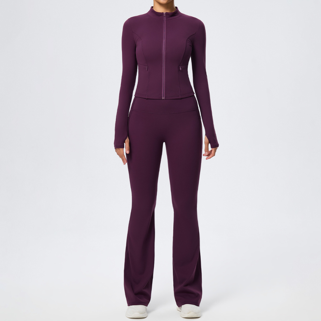 Wholesale Women's Activewear Zip Pocket Jacket & Flare Pants Yoga Set