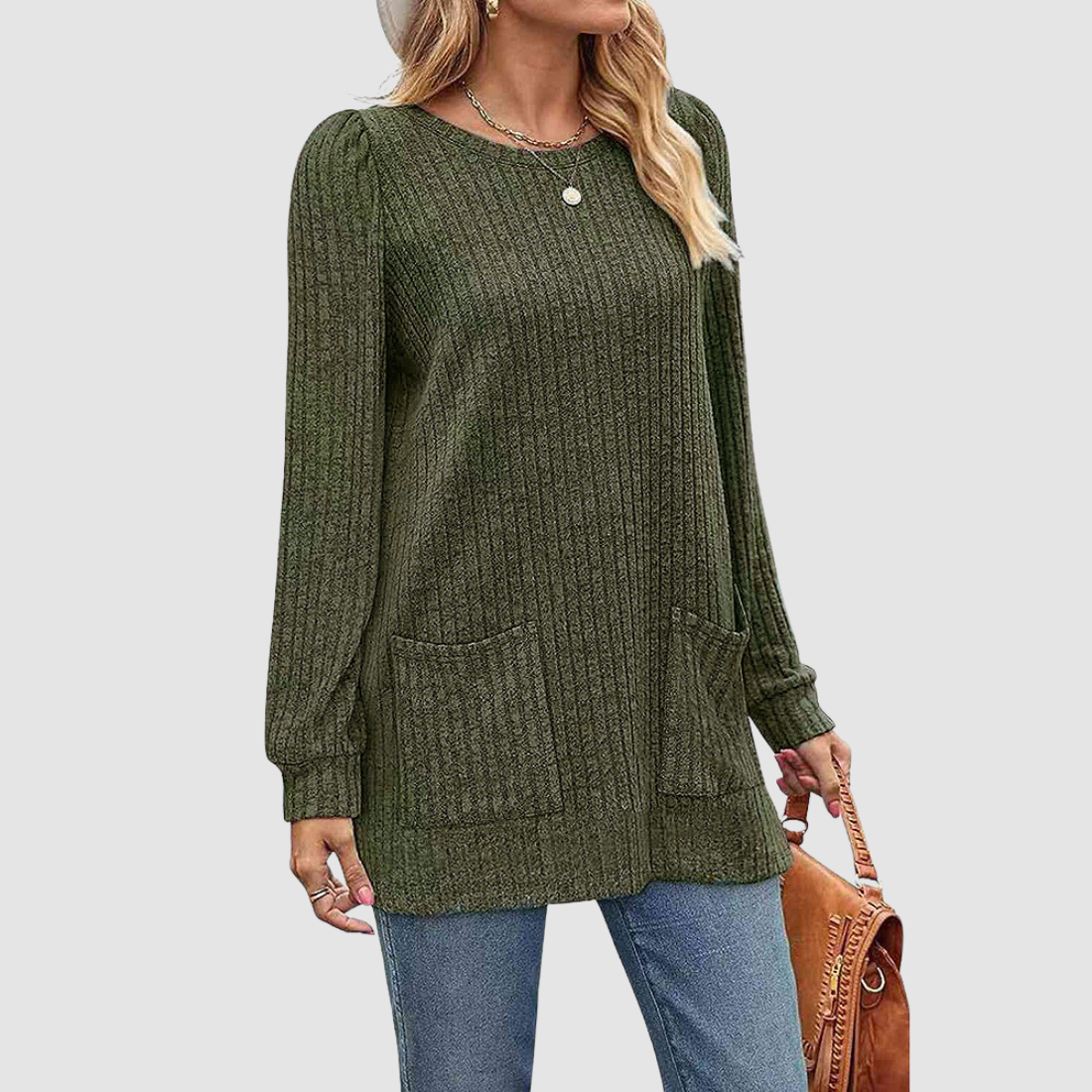 Wholesale Women’s Ribbed Pocket Tunic Sweater – Mid-Long Knit Pullover