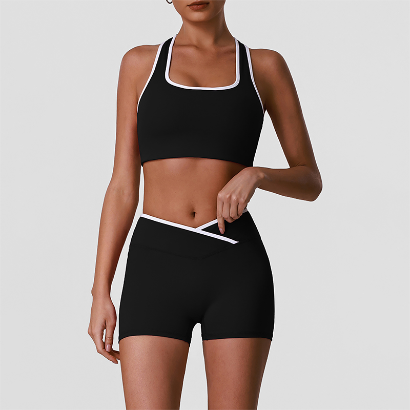 Wholesale High-Waist Contour Yoga Set – Color-Block Sports Bra & Booty Shorts