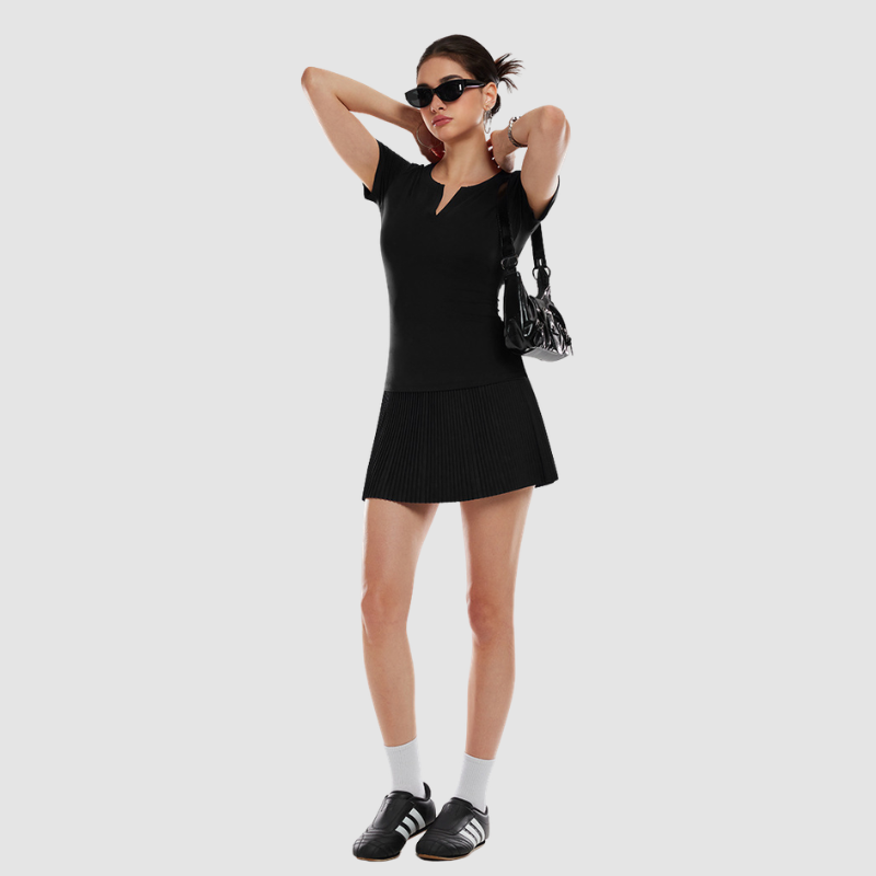 Wholesale Women's V-Neck Open-Back Short Sleeve Top & Pleated Skirt Set