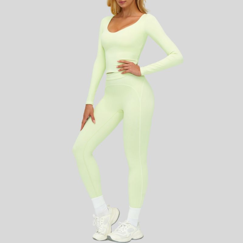 Color-blocked long-sleeved sports top+High waisted leggings 2-piece set