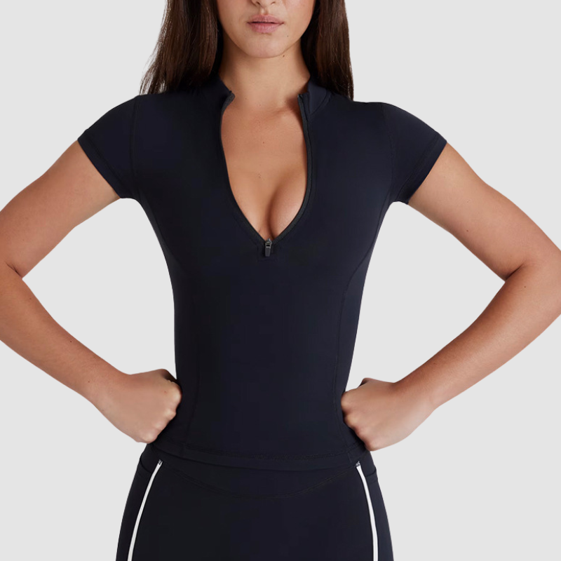 Wholesale Women's Zip-Up Short Sleeve Top & Shorts Set – Athletic Two-Piece