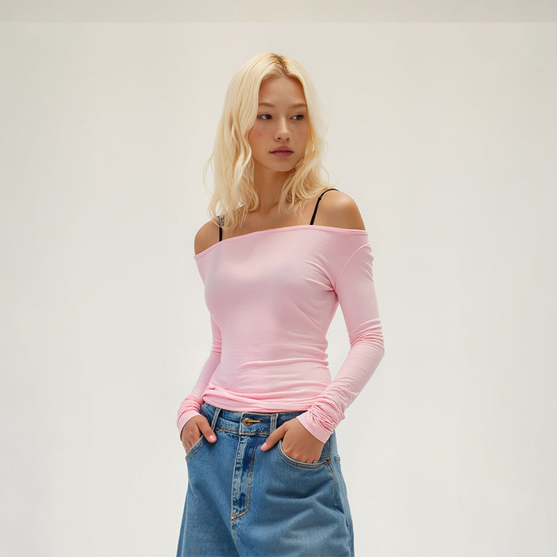 Boat neck slim waist bottoming shirt