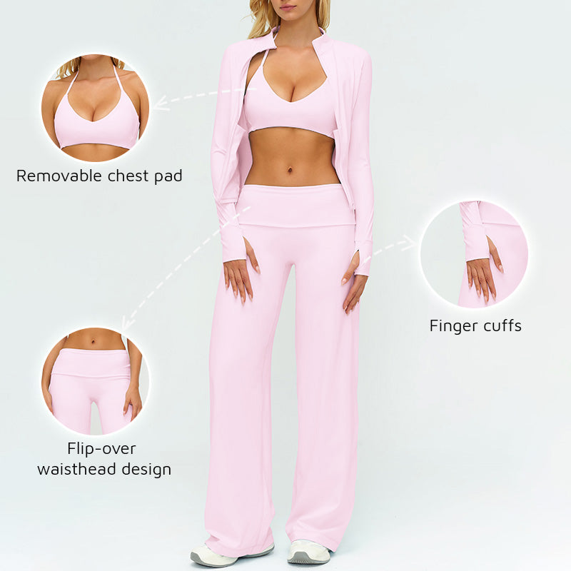 Stand collar zipper jacket + Backless sports bra + high-waisted loose wide-leg pants 3-piece set