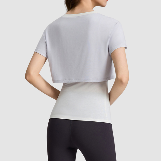 Wholesale Women's Color-Block Faux Two-Piece Yoga Short-Sleeve Top