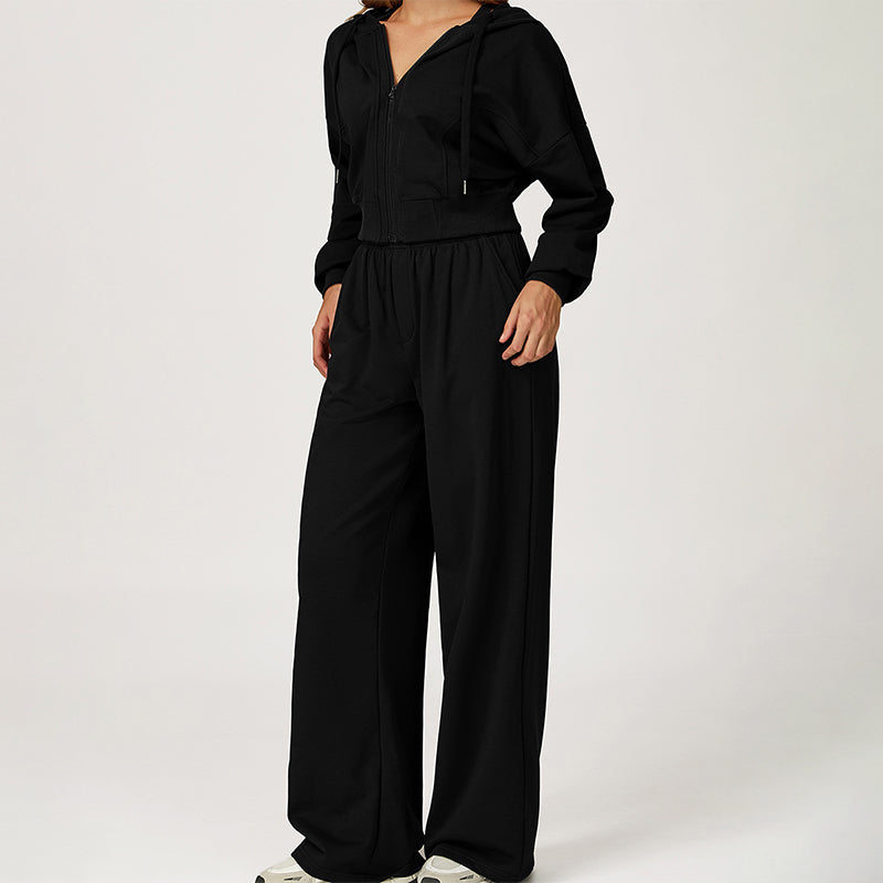 LOOSE HOODED AND FULL ZIPPER SWEATSHIRT + DRAWSTRING SWEATPANTS 2 PIECES SET