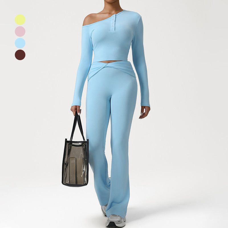 One-Shoulder Long Sleeve top + Crossover Waist Flared Pants 2-Piece Set