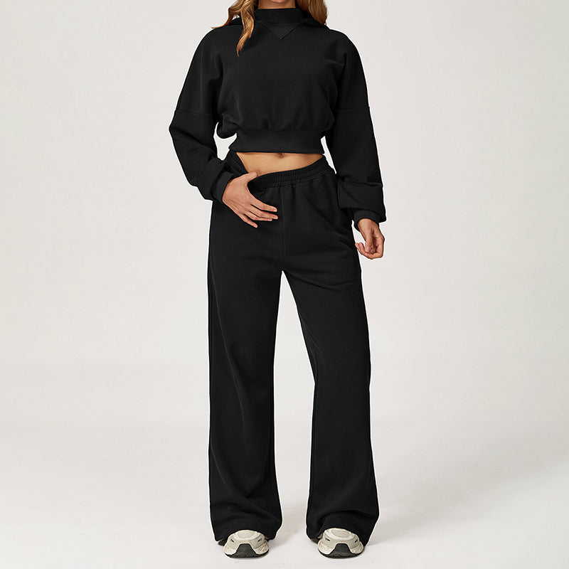 Cropped Hooded Sweatshirt + Loose Sweatpants 2-Piece Set