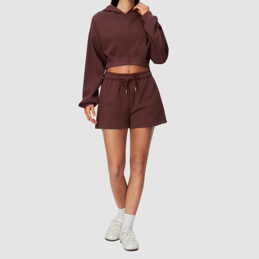 Wholesale Women's Relaxed Fleece-Lined  Zip Up Hoodie & Sweat Shorts Set
