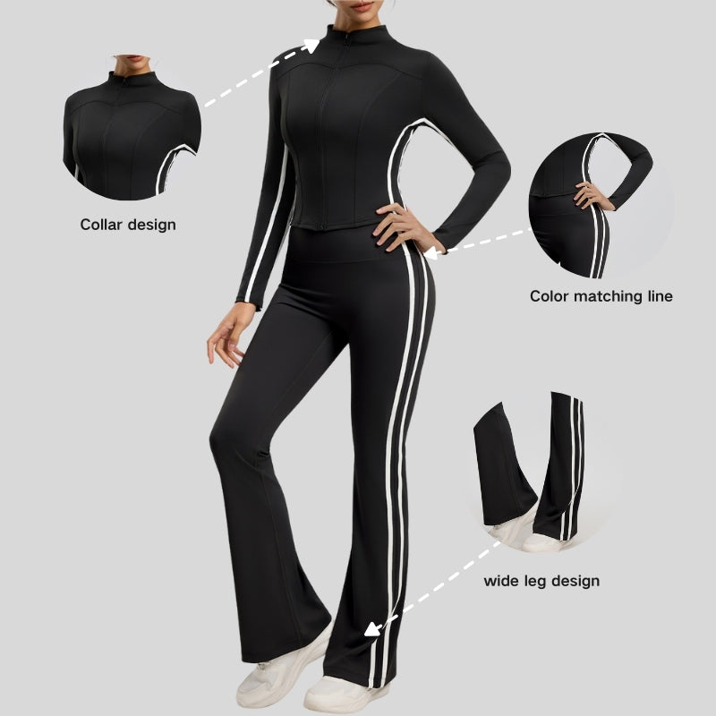 Contrast color slim sports jacket + slim flared pants 2-piece set