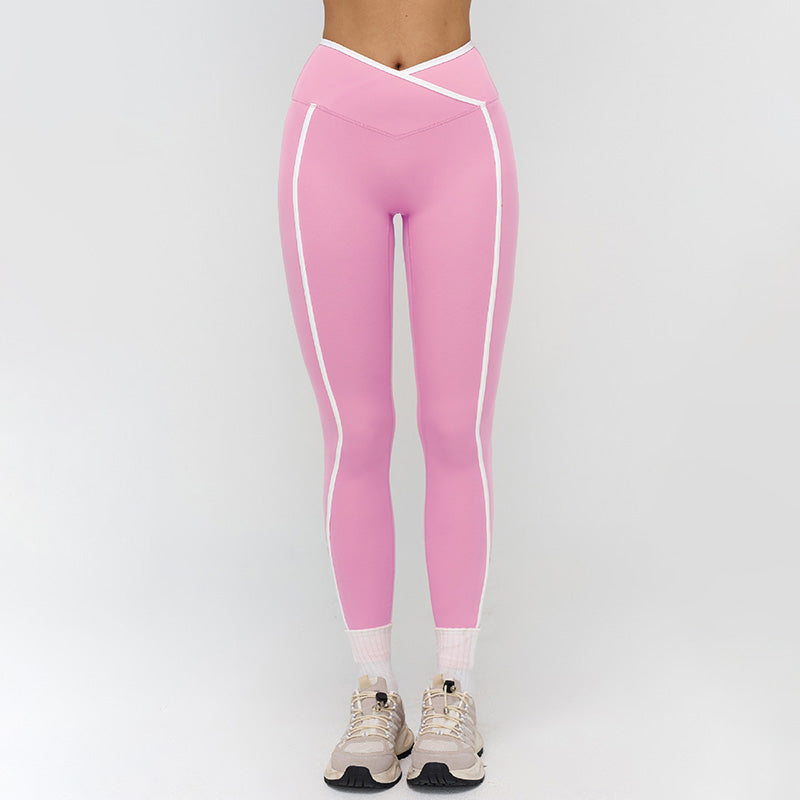 Women's contrasting color cross-waist leggings
