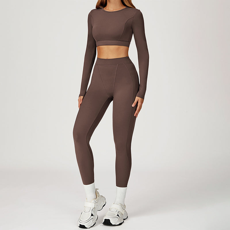 Round-neck long-sleeve high-waist fitted top+HIGH WAIST LEGGINGS 2-PIECE SET