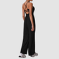 Wholesale Halter-Neck Cutout Open-Back Wide-Leg Jumpsuit with Built-In Bra – Casual Yoga Romper