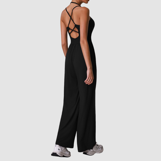 Wholesale Halter-Neck Cutout Open-Back Wide-Leg Jumpsuit with Built-In Bra – Casual Yoga Romper