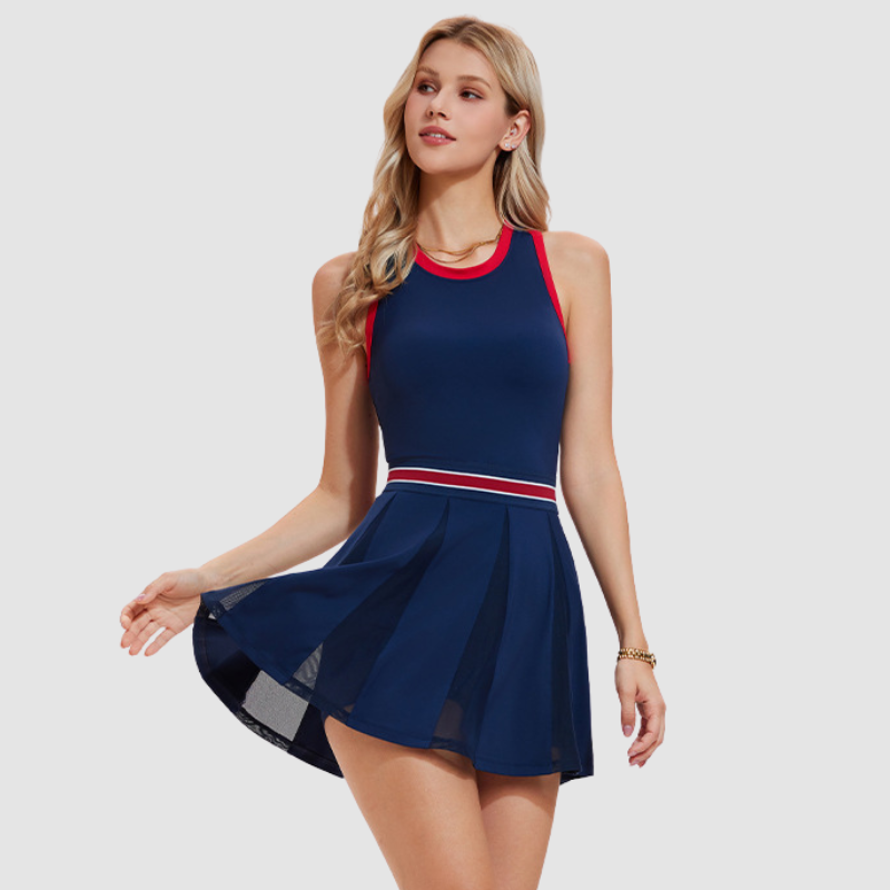 Wholesale Women's Open-Back Color-Block Sleeveless Tennis Dress – Anti-Exposure Sporty Dress