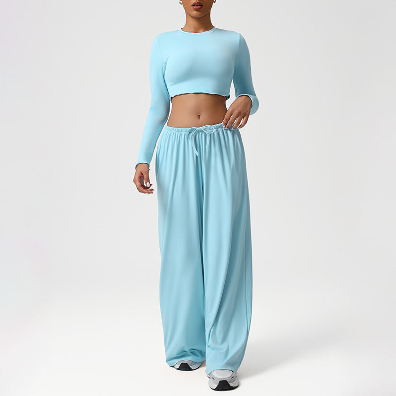 Snug-Fit Cropped Long Sleeves + Loose Drawstring Wide-Leg Pants 2-Piece Set