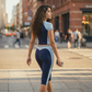 Wholesale Women's Colorblock Bare-Feel Yoga Set Short Sleeve Top & Capri Pants