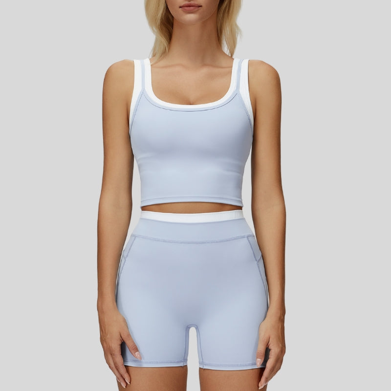 Two-piece contrasting sports tank top+sports shorts 2-piece set