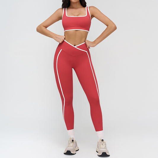 Women's Contrasting Color Wide Strap Sports Bra + leggings 2-Piece Set