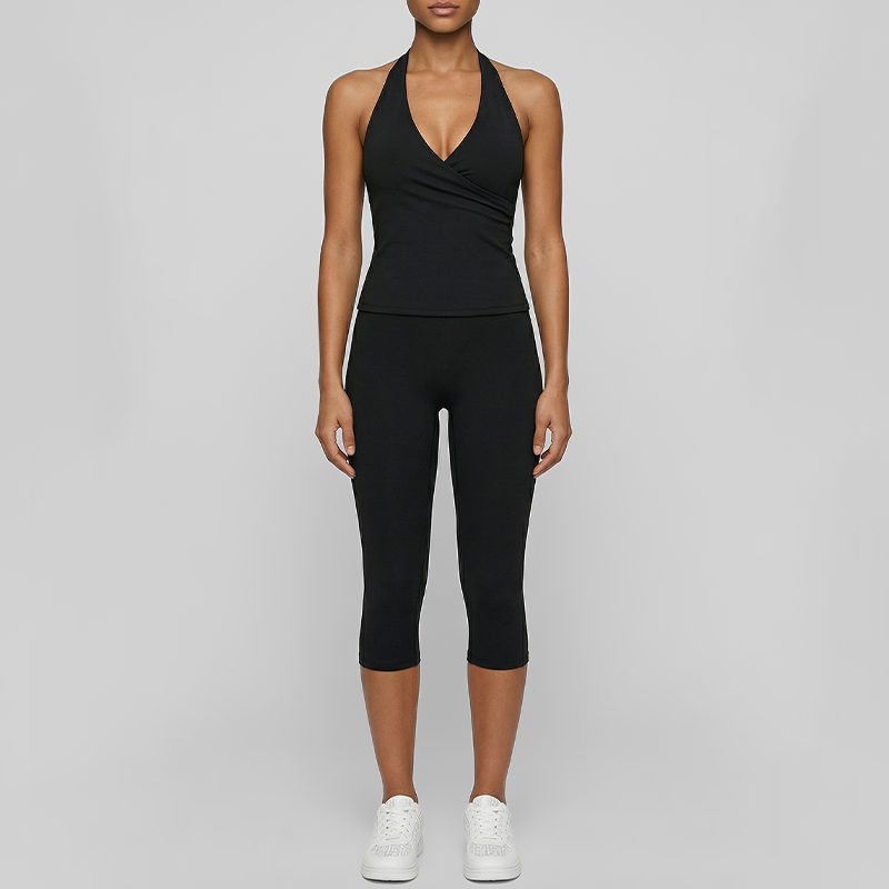 Wholesale V-neck halter top + high-waisted cropped pants set