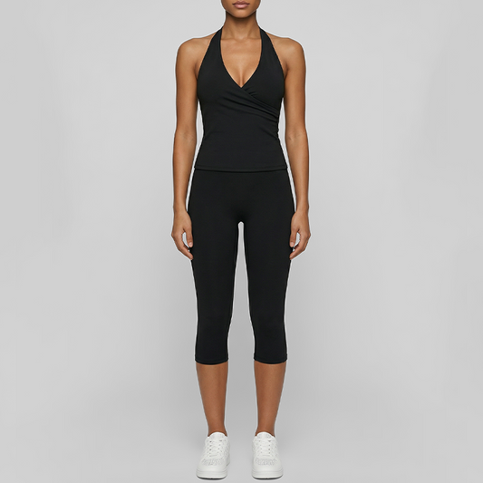 Wholesale V-neck halter top + high-waisted cropped pants set
