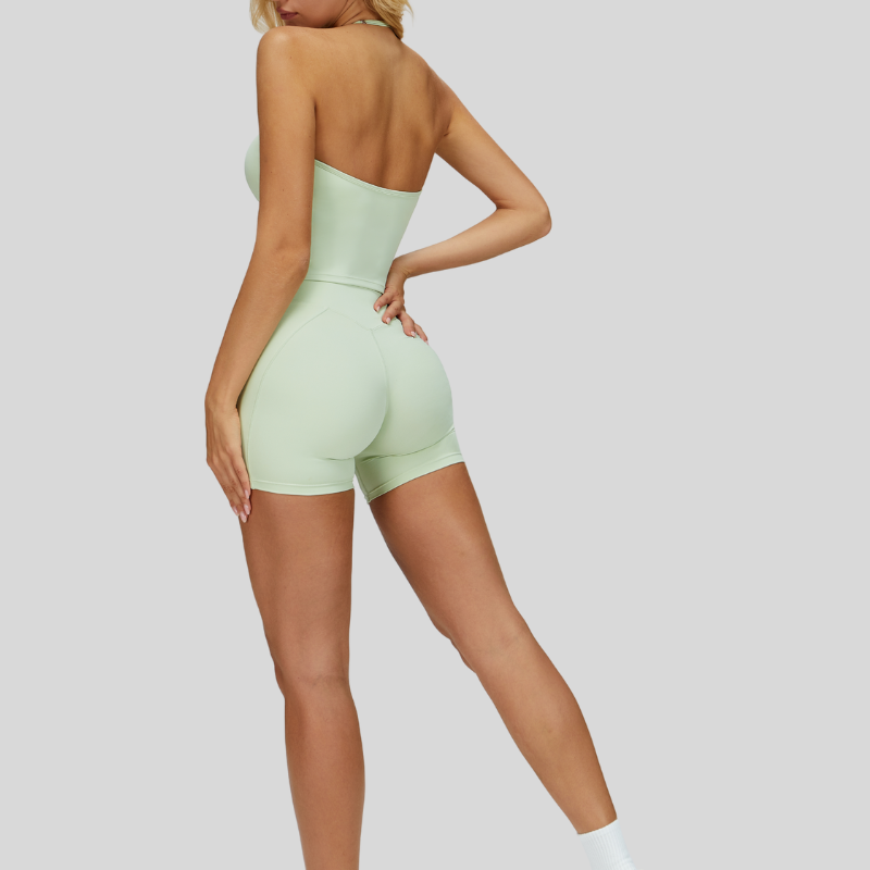 Removable Bra Pad Tank top+Pleated waistband sport shorts 2-piece set