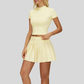Slim-fit stand-up collar short-sleeved top+Anti-exposure design pleated skirt 2-piece set