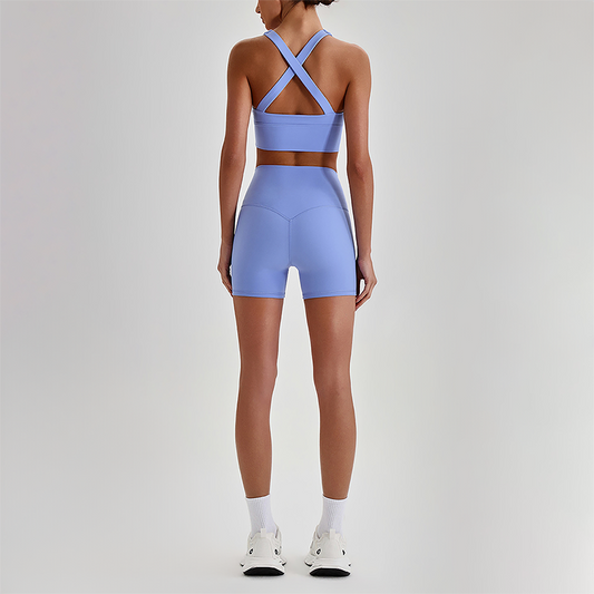 Wholesale Cross-Back Sports Bra & High-Waist Biker Shorts Set – Naked-Feel Quick-Dry Yoga 2-Piece