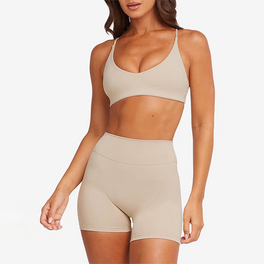 Cross back quick drying sports bra and high waisted shorts set