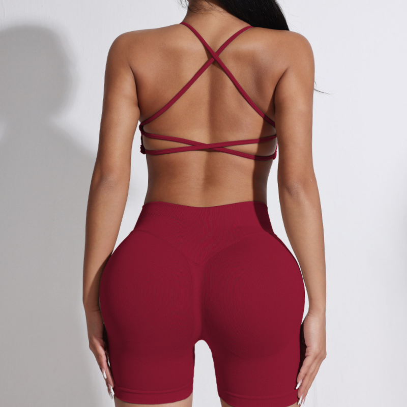 Women's beautiful back strap sports bra + yoga shorts two-piece set