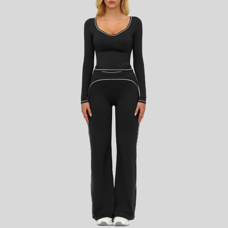 Color-blocked long-sleeved sports top+ High-waisted wide-leg pants 2-piece set