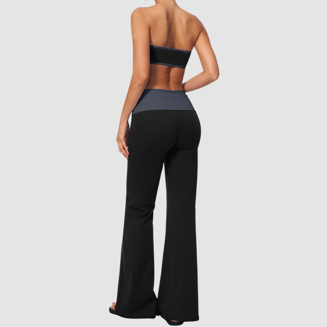 Wholesale Bandeau Contrast Color Flared Yoga Set – Tummy Control Fitness Outfit