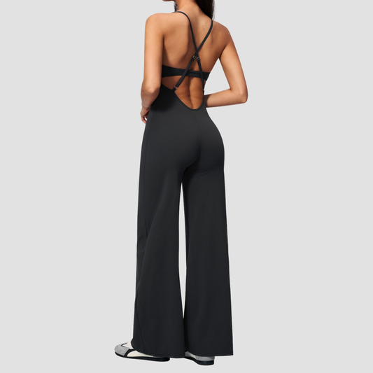 Wholesale Women's Brushed Yoga Jumpsuit – Cross Back Wide-Leg Athletic Bodysuit w/ Chest Pad
