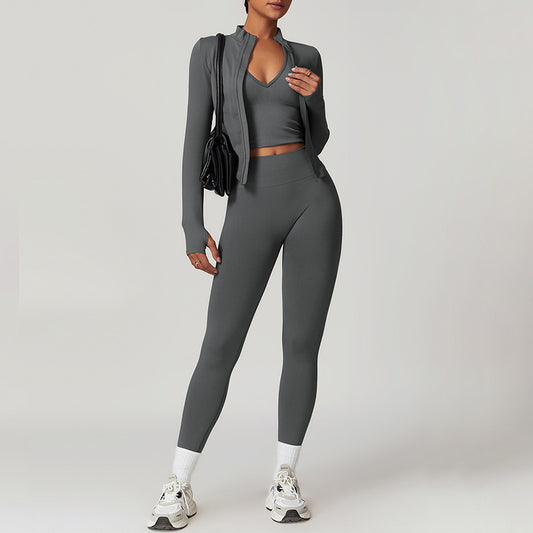 Seamless Long Sleeve Full Zipper Jacket + leggings 2-piece Set