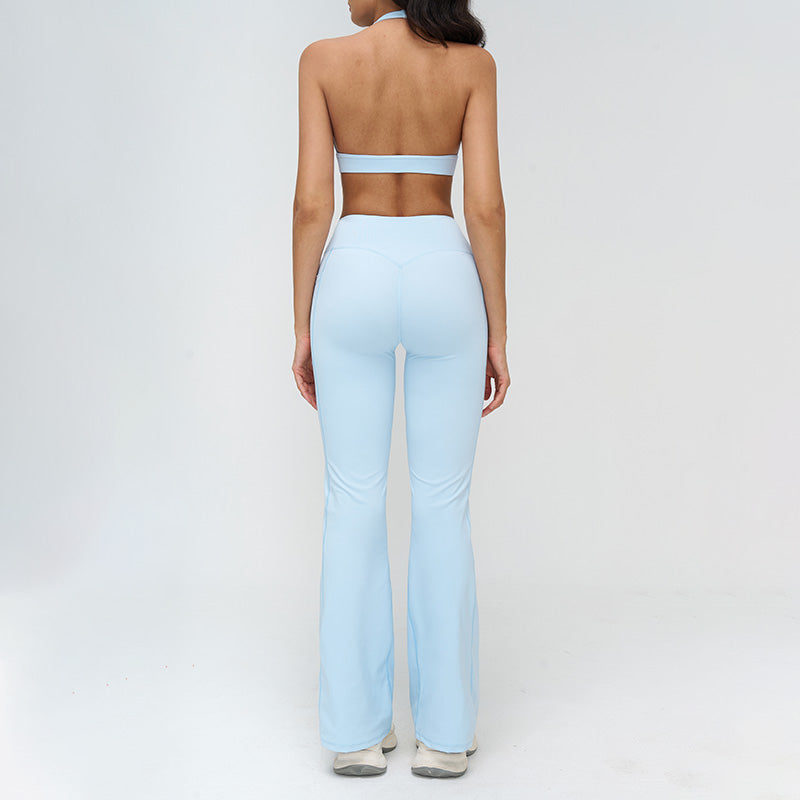 Halterneck backless bra + Flared pants 2-piece set