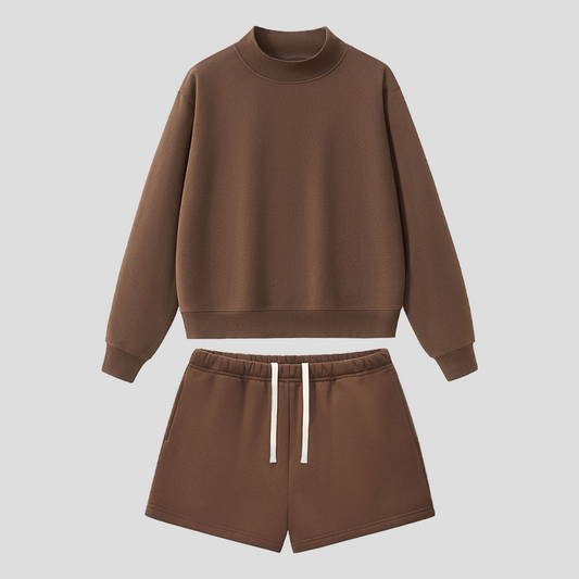 Semi-High Neck Top + Drawstring Shorts 2-piece set