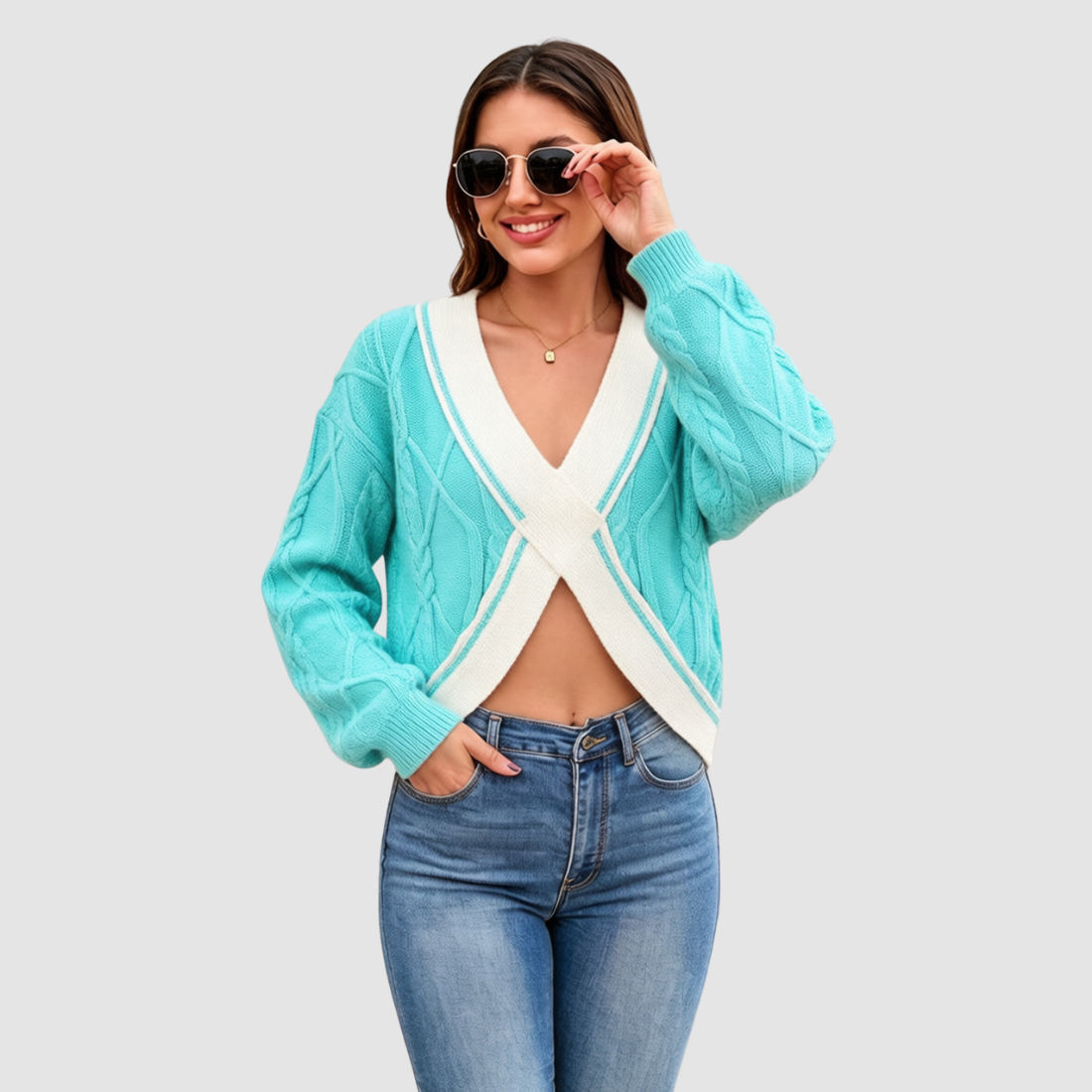 Wholesale Women’s Contrast V-Neck Cropped Knit Sweater