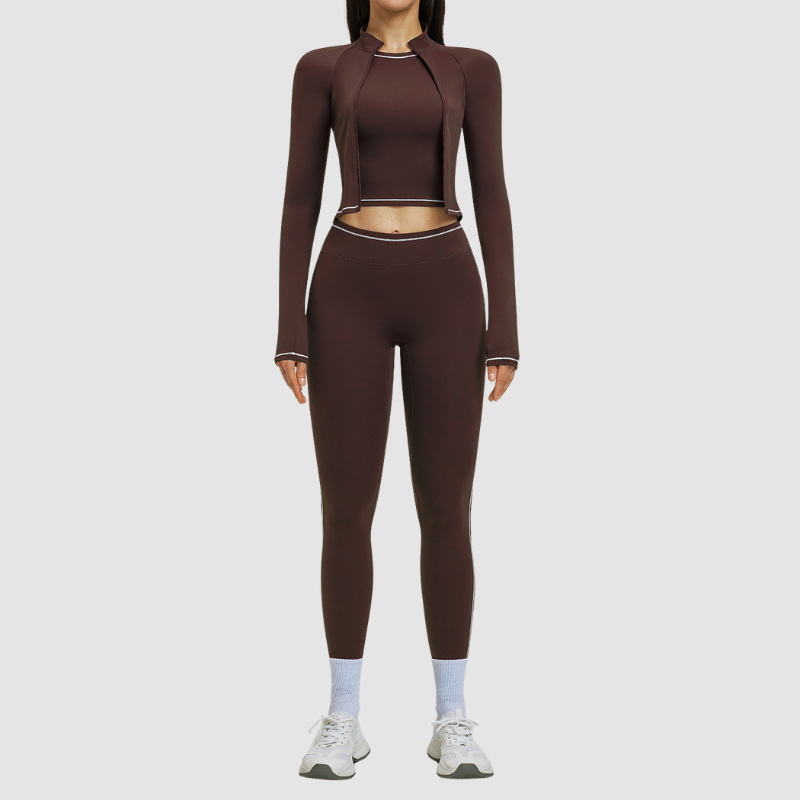 Color blocking nude sports jacket+Sport Bra+Legging running fitness 3-piece set