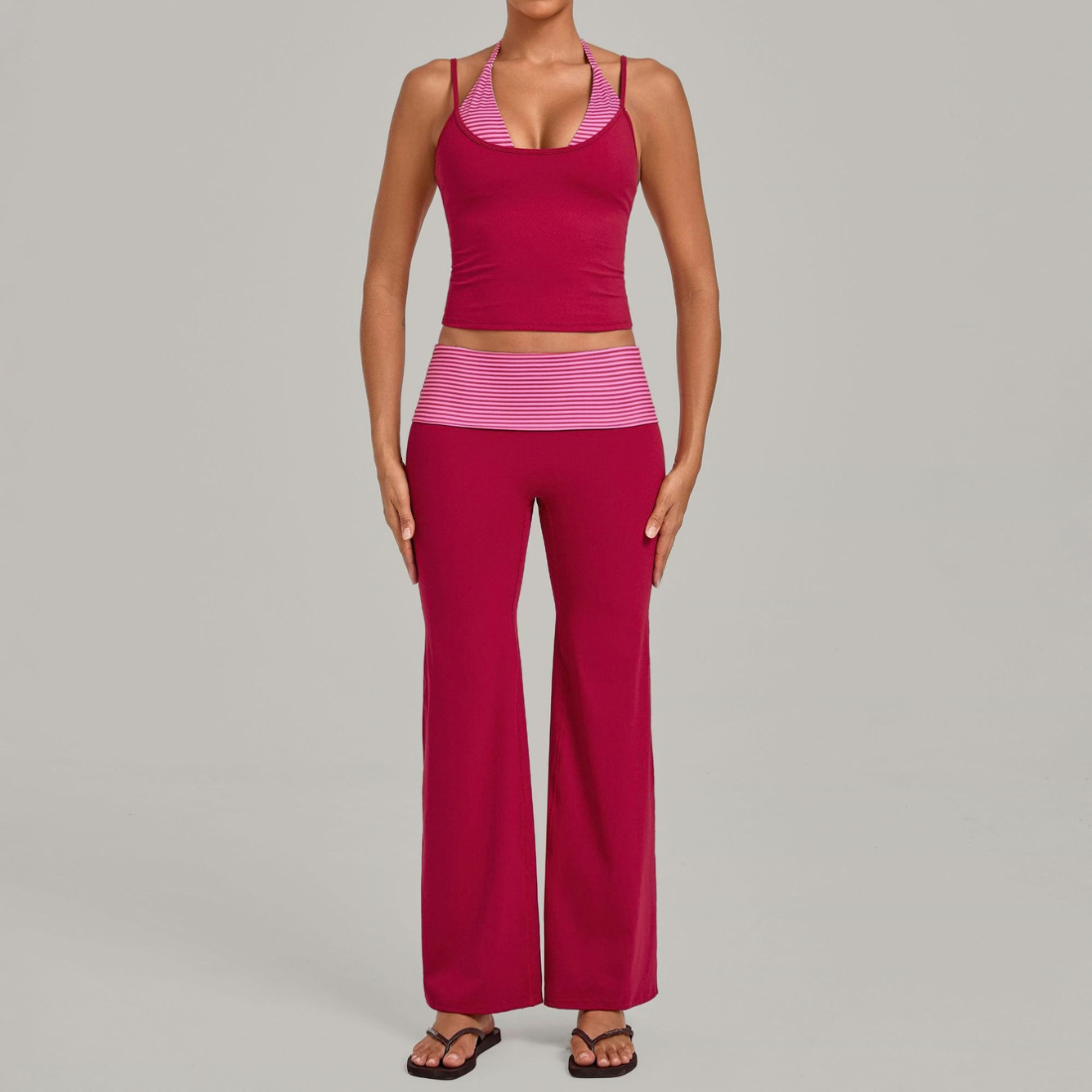 Wholesale Women's Retro Print Yoga Fake Two-Piece Vest+Flared-Leg Pants Set