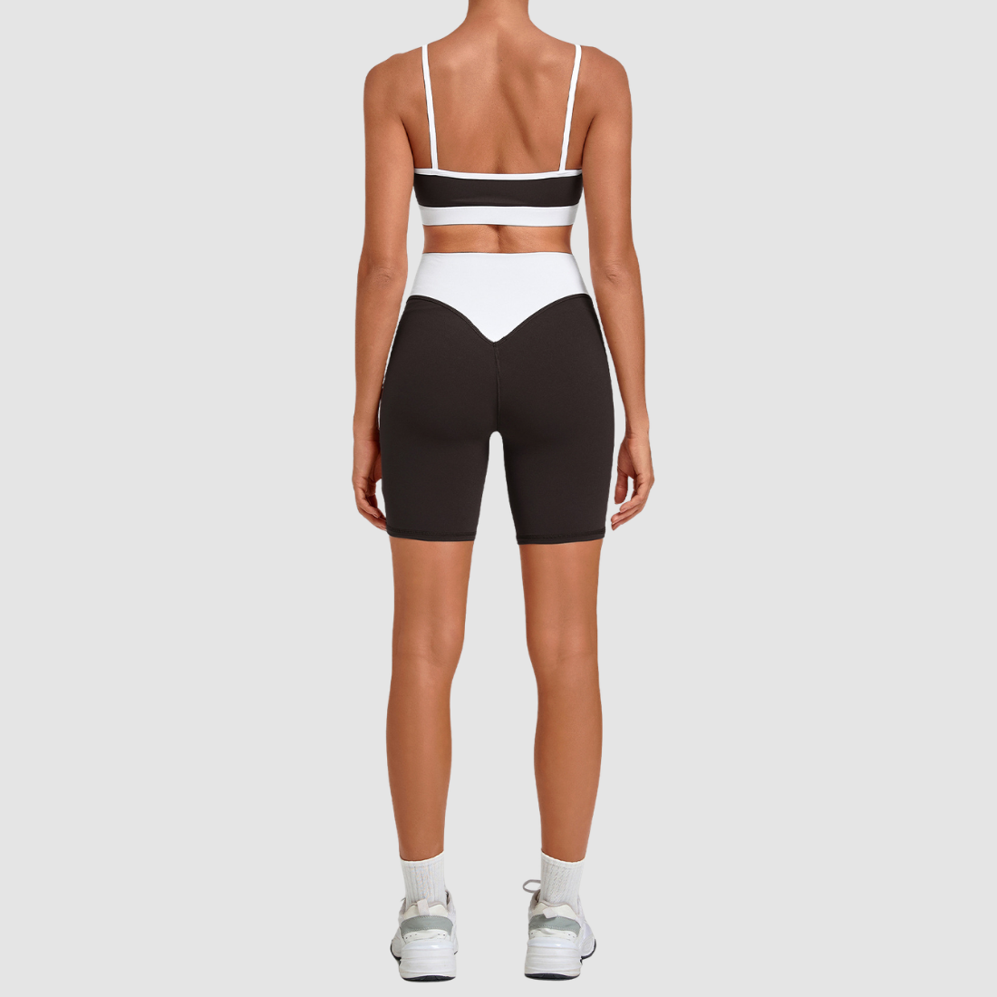 Wholesale Women’s Contrast Strap Sports Bra & High-Waist Biker Shorts Yoga Set