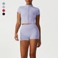 Stand-Collar Cropped Jacket + High-Waisted Butt-Lifting Shorts 2-Piece Set