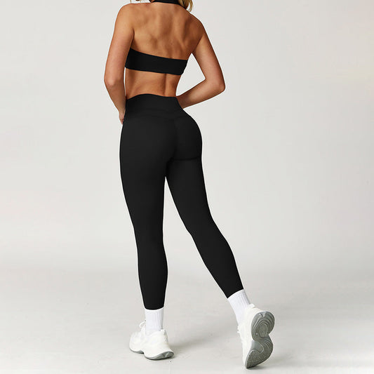 Brushed halter backless Sports Bra + High-Waist leggings 2-Piece Set