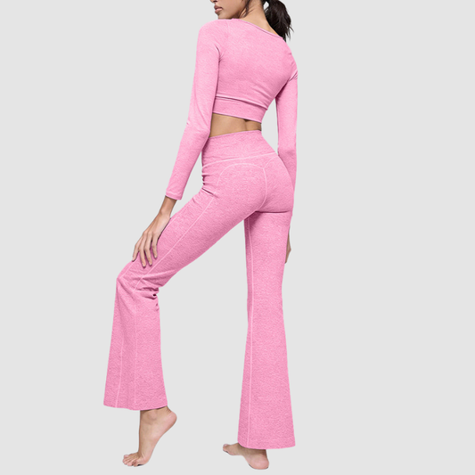 Wholesale Women's Cationic Long Sleeve Top & Wide-Leg Pants Set – Draped Yoga Set