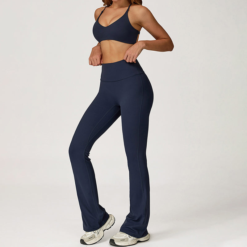 Cross-Back Sports Bra + Flared Leg Pants 2-Piece Set