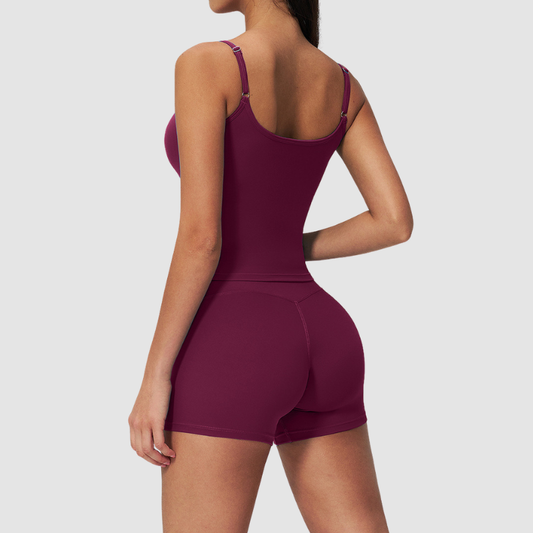 Wholesale Seam-Detail Racerback Tank Top & High-Waist Biker Shorts Set – Brushed Yoga 2-Piece