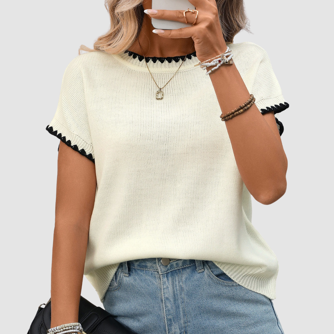 Wholesale Women's Sweaters – Crochet Round-Neck Short Sleeve Pullover