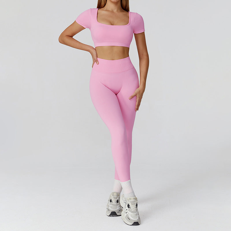 Seamless short sleeve Sports top + High-waisted leggings 2-Piece Set