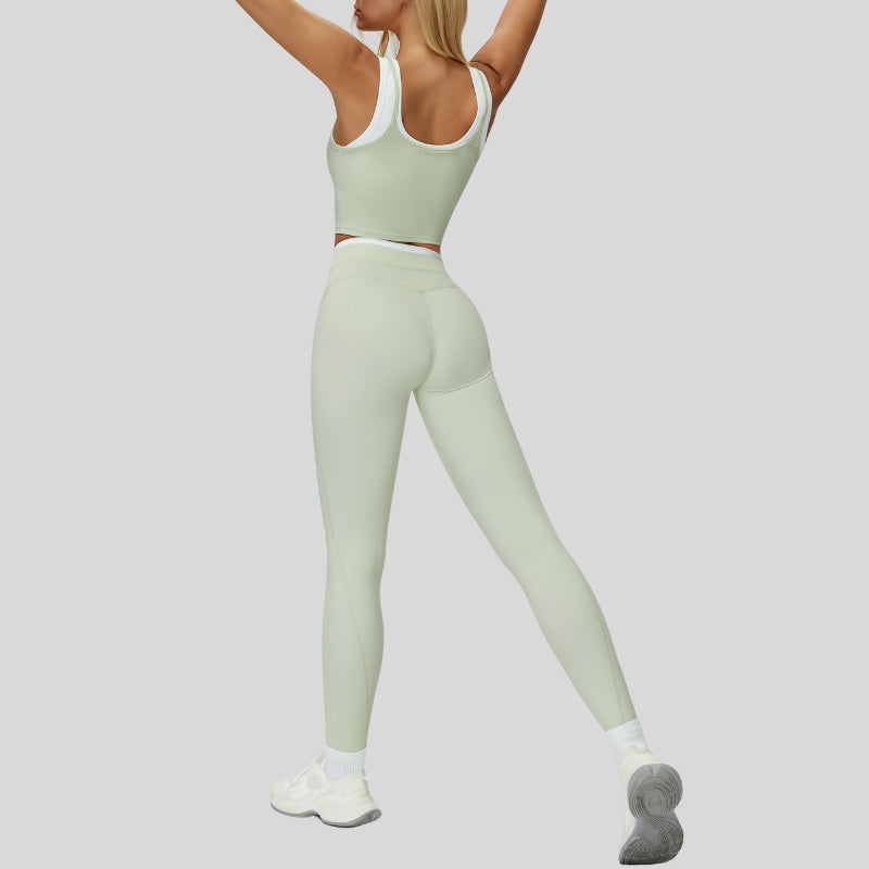 Two-piece contrasting sports tank top+sports leggings 2-piece set