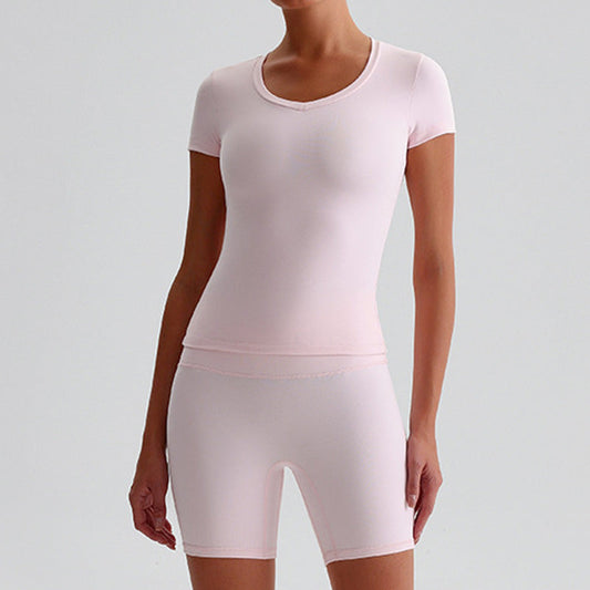 Short sleeve sports top + High-waist shorts 2-piece set